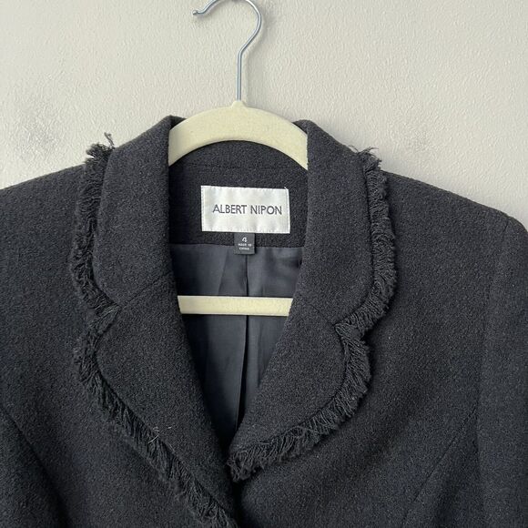 Albert Nipon Blazer Womens Size 4 Black Wool Blend Fringe Details Jacket Lined - Picture 7 of 12